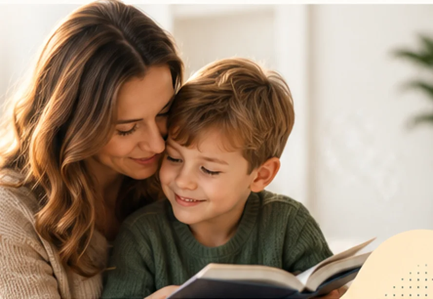 Mamma apskauj dēlu, abi smaidot lasa grāmatu