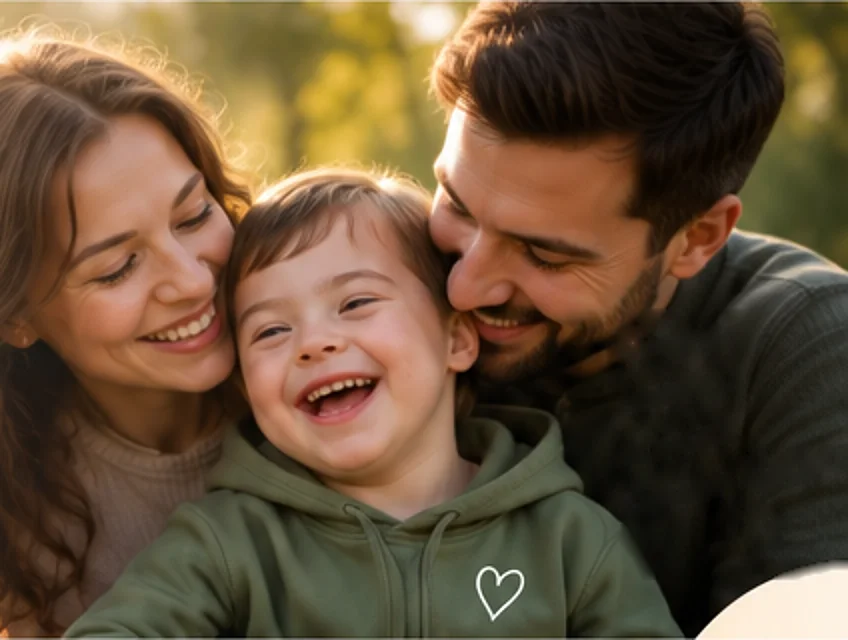Mamma un tētis apskauj smejošu bērnu saulainā dabā