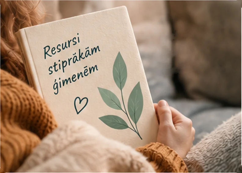 Cilvēks rokās tur grāmatu ar nosaukumu “Resursi stiprākām ģimenēm”