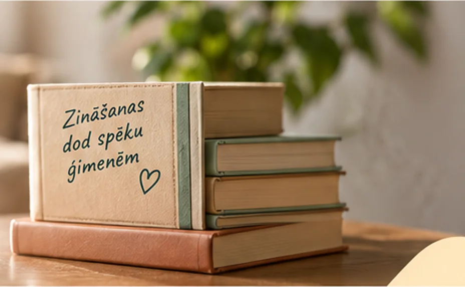 Grāmatu kaudze uz galda, uz augšējās grāmatas vāka rakstīts “Zināšanas dod spēku ģimenēm”